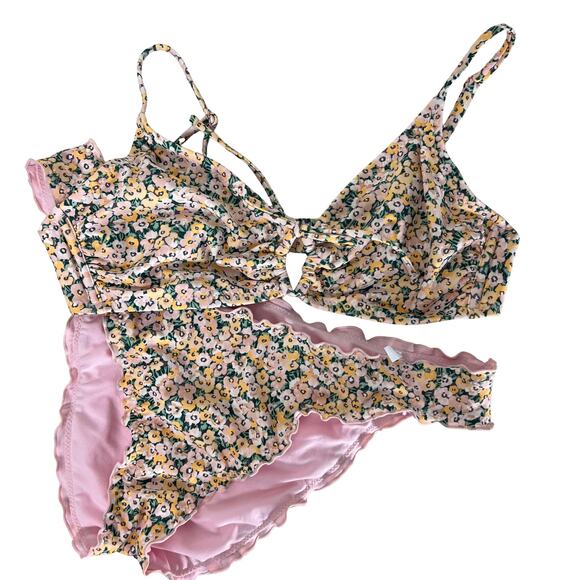 Shade & Shore Floral Bikini Set Pink Yellow Daisy Print Size L Swimwear - Picture 1 of 4
